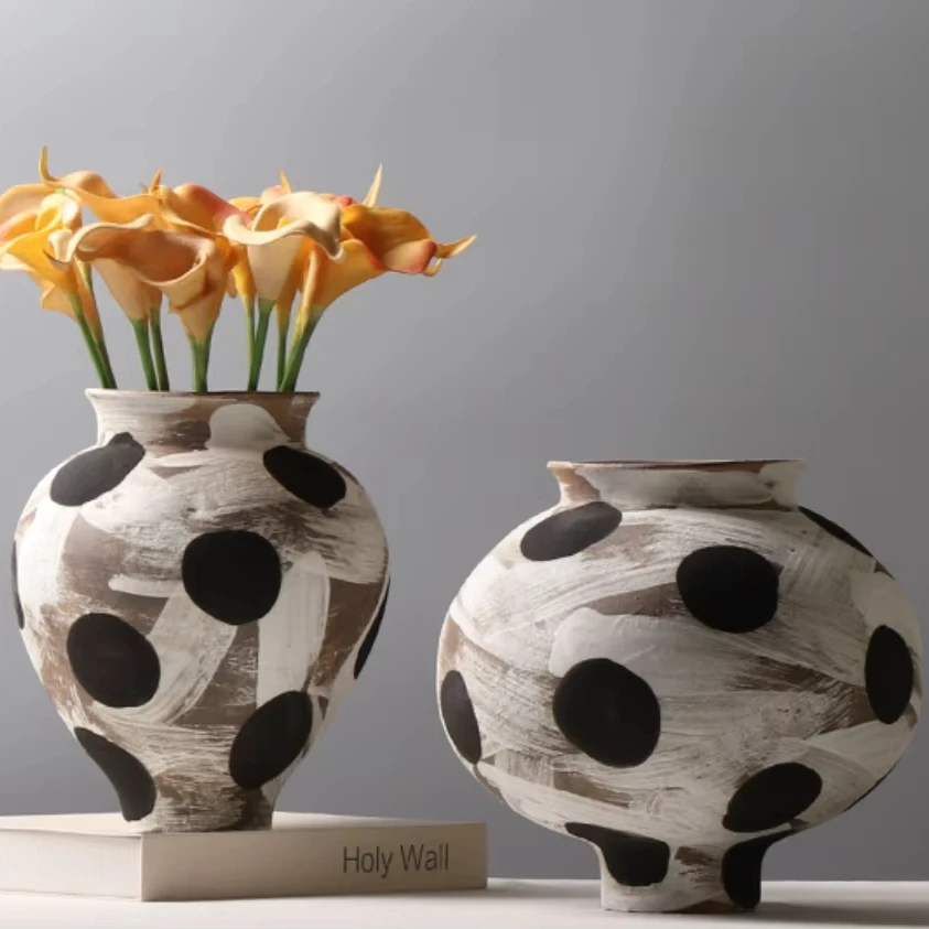 Wabi-sabi old ceramic vases Japanese vintage creative hand-painted polka dot flower decorative designer soft spot vases