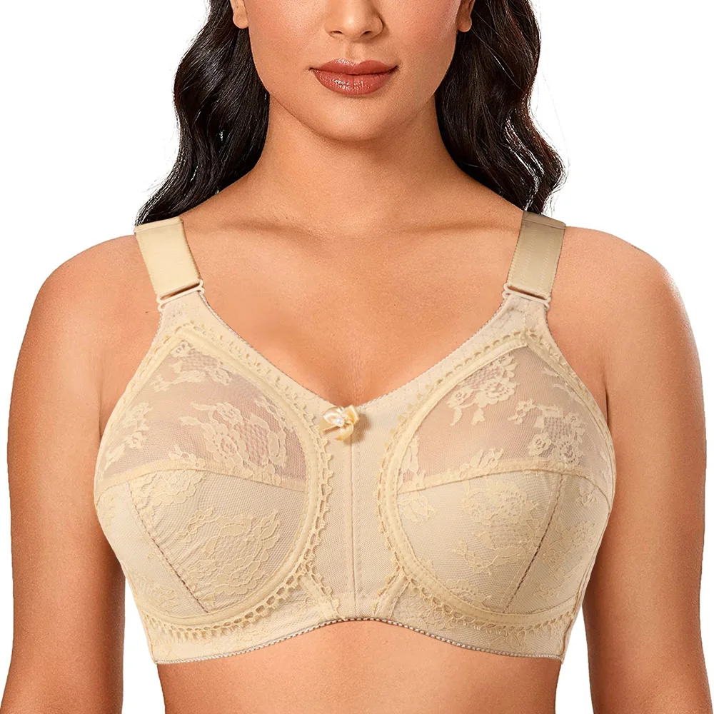 Women Unlined Full Coverage Ultra Thin Wireless Adjusted-straps D E F G H I White Big Minimizer Bras Plus Size Lace Bra