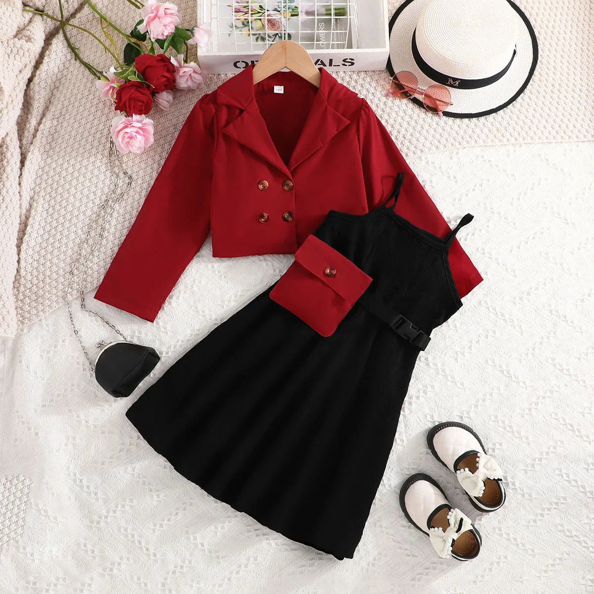 6 7 8 9 10 Years Old Autumn girls clothing sets Fashion Long sleeved jacket+black dress 2pcs set