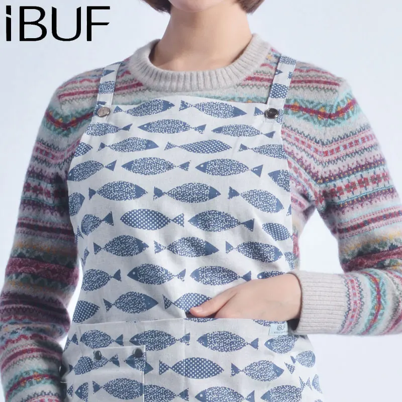 Cheap Fashion Cute Fish Printing Cotton and linen fabric Family Kitchen Apron coffee work clothes apron  Waiters Uniform Apron