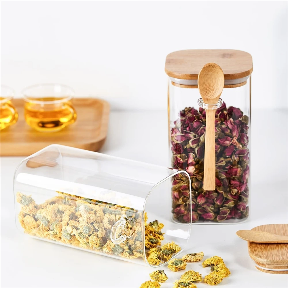 Glass Vial With Cork Tea Coffee and Sugar Storage Bottles & Jars With Bamboo Lid and Wooden Spoon