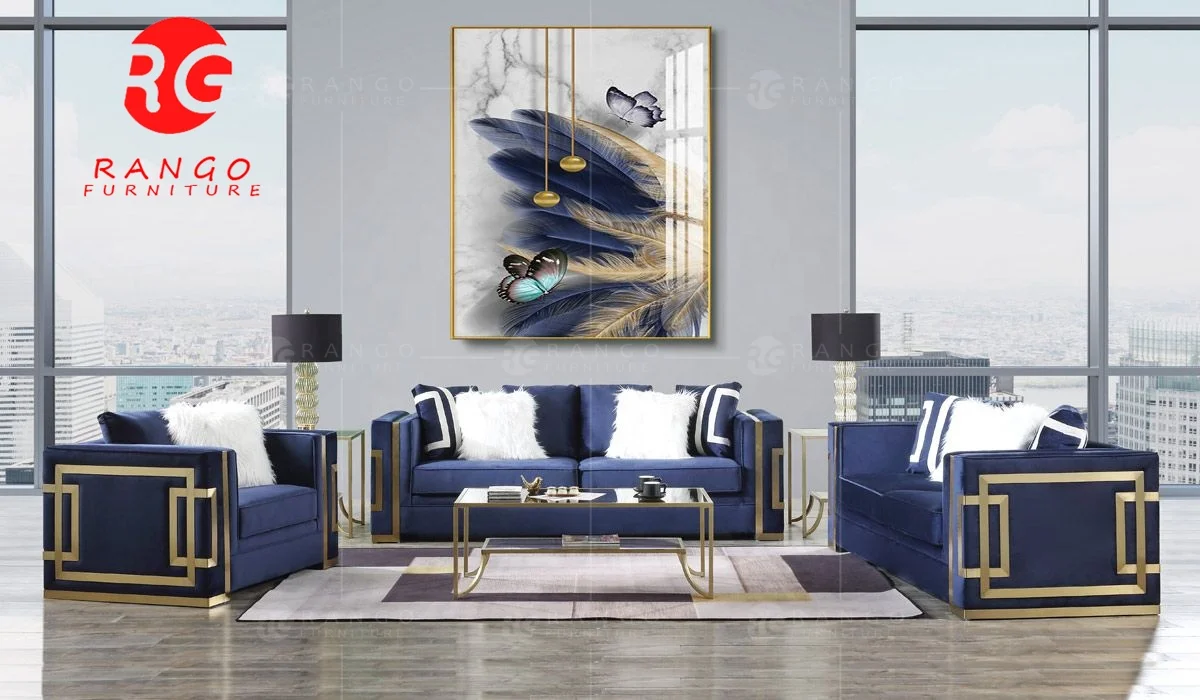 R1 navy blue velvet modern sofa brown velvet sofa set button tufted sofa