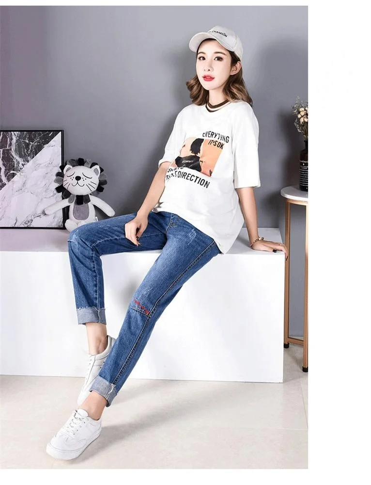 Потертая джинсовая ткань для беременных прямые джинсы стрейтч Осенняя мода Высокая талия живот брюки для беременных женщин