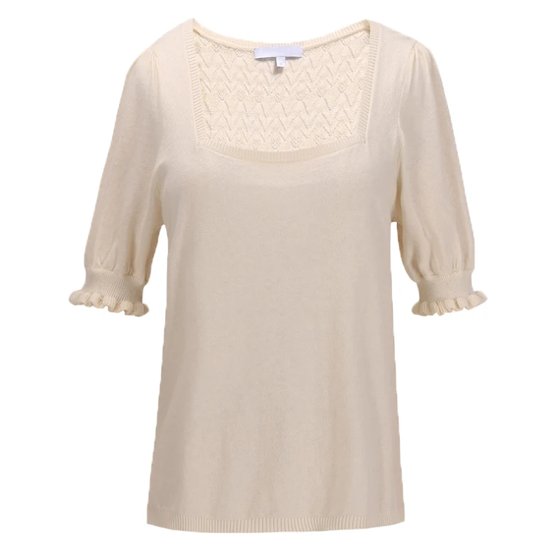 Square neck lantern sleeve T-shirt hollow out white