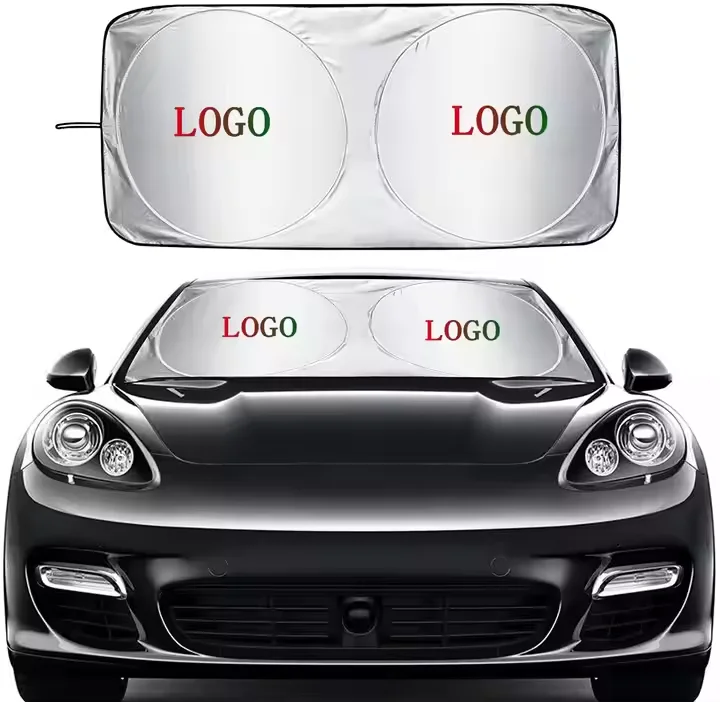 Custom Printing Foldable Front Windshield Polyester UV Protection Car Sun Shades Auto Cheap Double Circle Car Sunshade with Logo