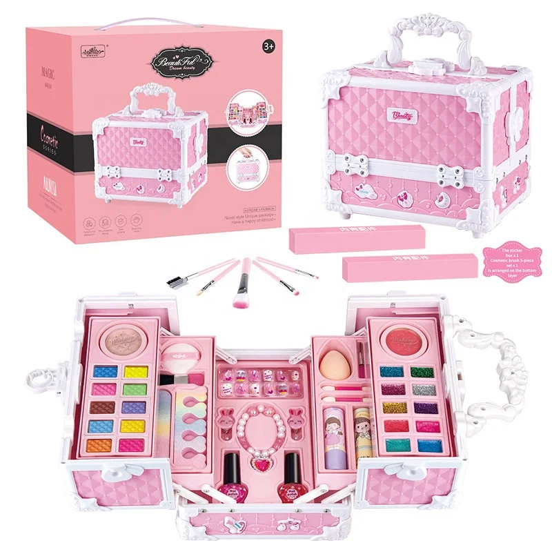 Princess Birthday Gift Washable Makeup Kit for Girls with Nail Polish and Lipsticks Cosmetic Beauty Makeup Box for Kids