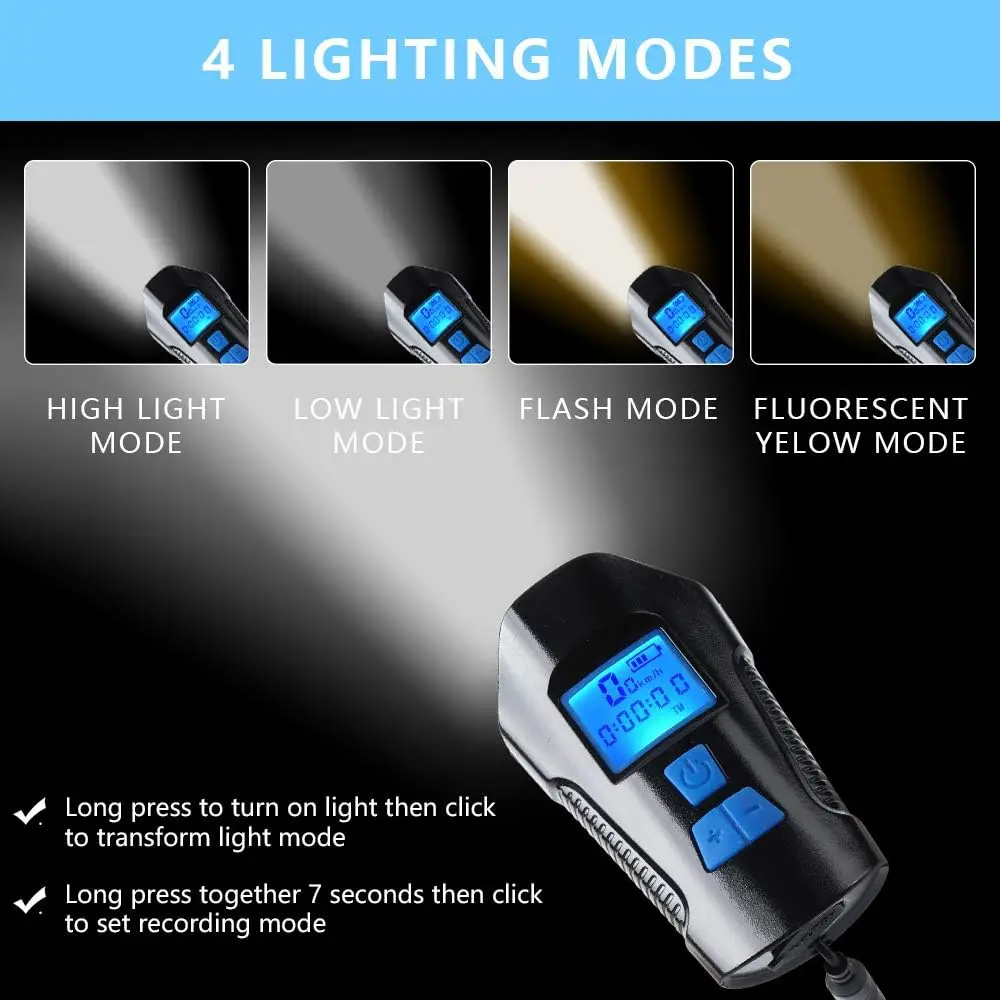 Waterproof Bicycle Light USB Rechargeable Bike Front Light Flashlight with Computer LCD Speedometer Cycling Head Lantern Horn