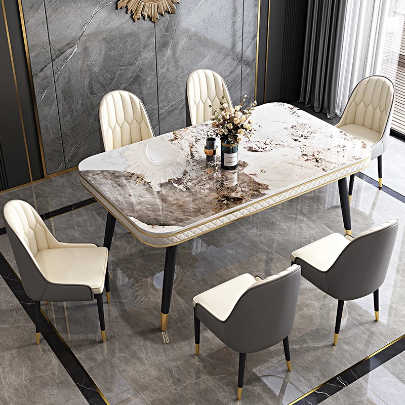 RYH Nordic Minimalist Metal Leg Dining Table With Marble Top Dining Room Furniture Dinner Table Set 4 6 Chairs