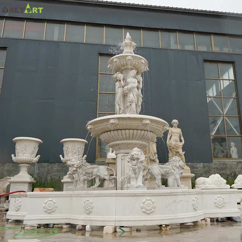 Outdoor Garden Decoration Large Marble Stone Lion Head Girl Boy Poseidon Fountain