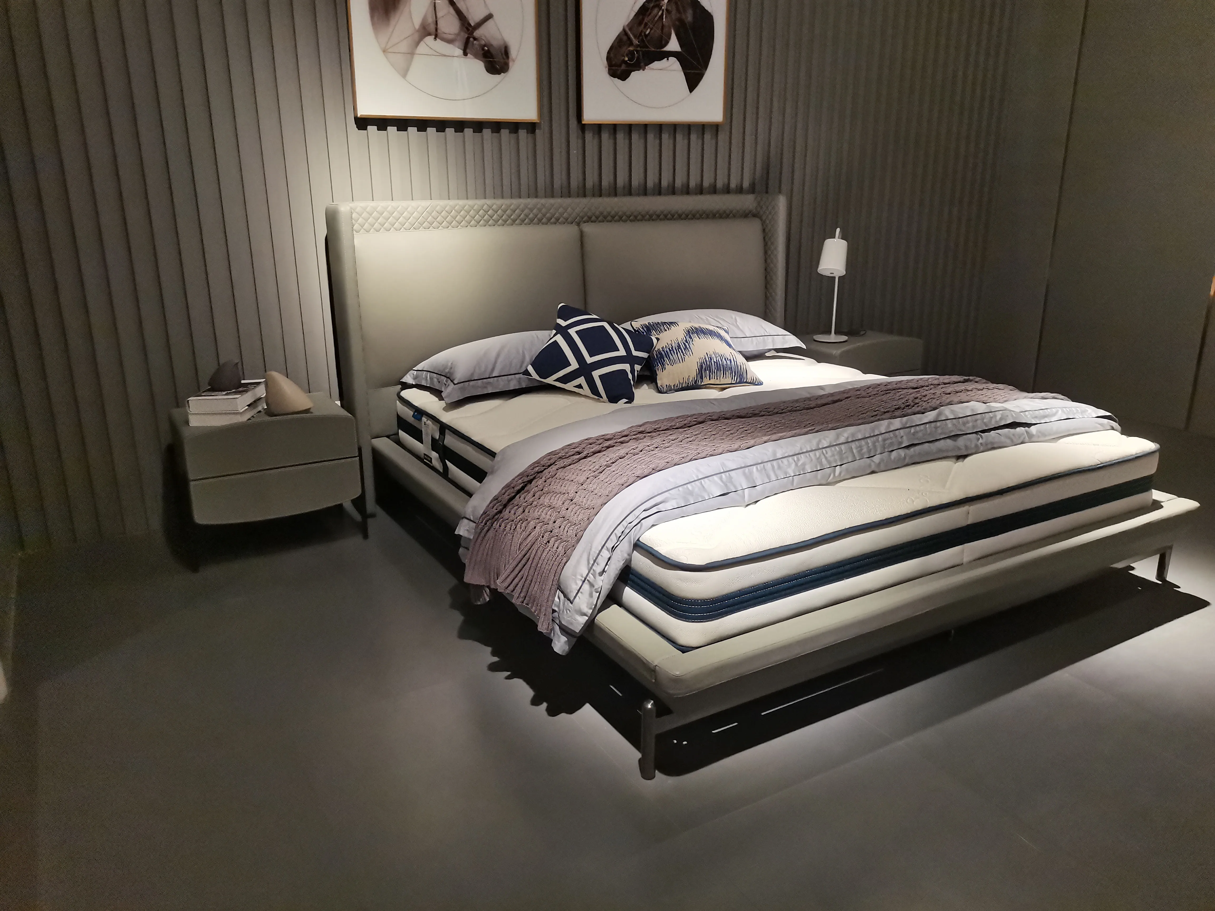 5 star hotel high end light gray king platform leather bed base with headboard
