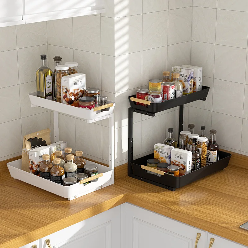 New Products Height Adjustable 2 Tier Sliding Under Kitchen Sink Pull-out Storage Rack Under Sink Organizer With Suction Cup