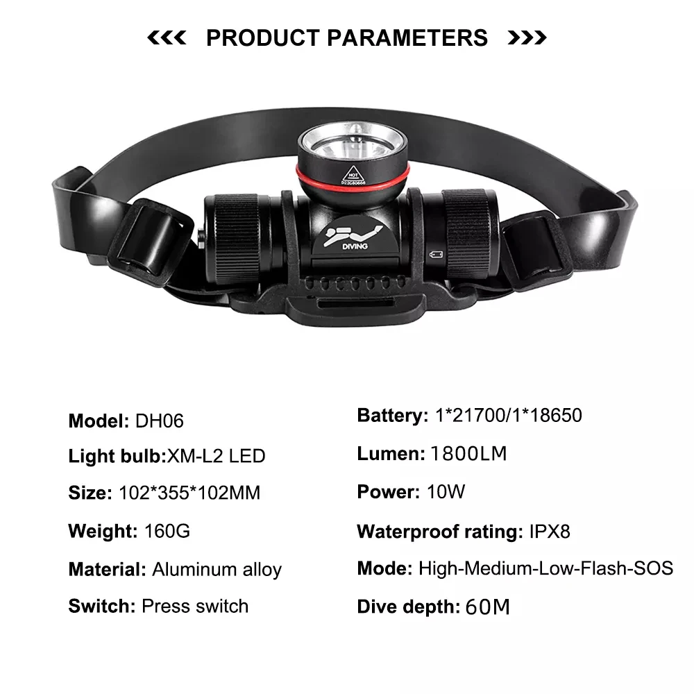 High Power Diving Headlamp IPX8 underwater 60 meters L2 Led Dive Head Torch Headlight For Diving head lamp