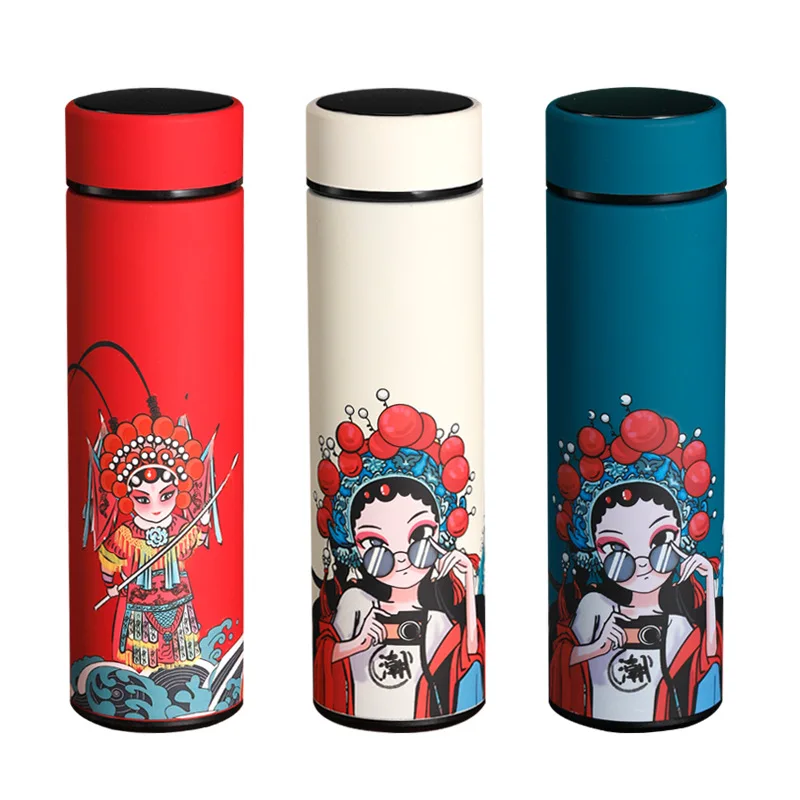 New Fashion Chinese Traditional Peking Opera Pattern Hot Water Smart Vacuum Flask Temperature Visible 304 Vacuum Bottle