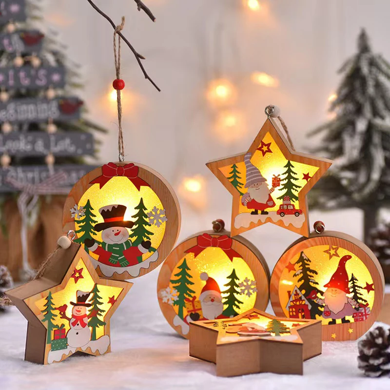 LED Light Wood Christmas Tree Decoration Lamp Pendants Santa Claus Wooden Hanging Light Christmas Decoration Gifts Night Light