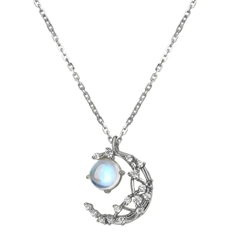 925 Sterling Silver Necklace Temperament Star Moon Small Pendant Korean Moonstone Necklace