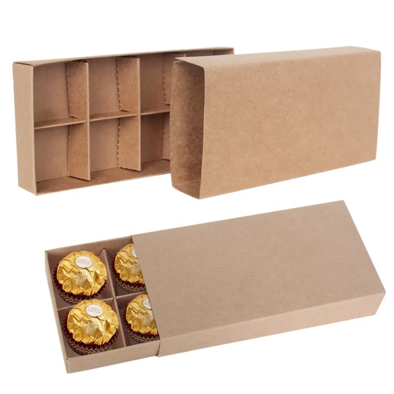 High Quality Kraft 8 Chocolate Praline Sliding Drawer Box 8cm Folding Paper Chocolate Box
