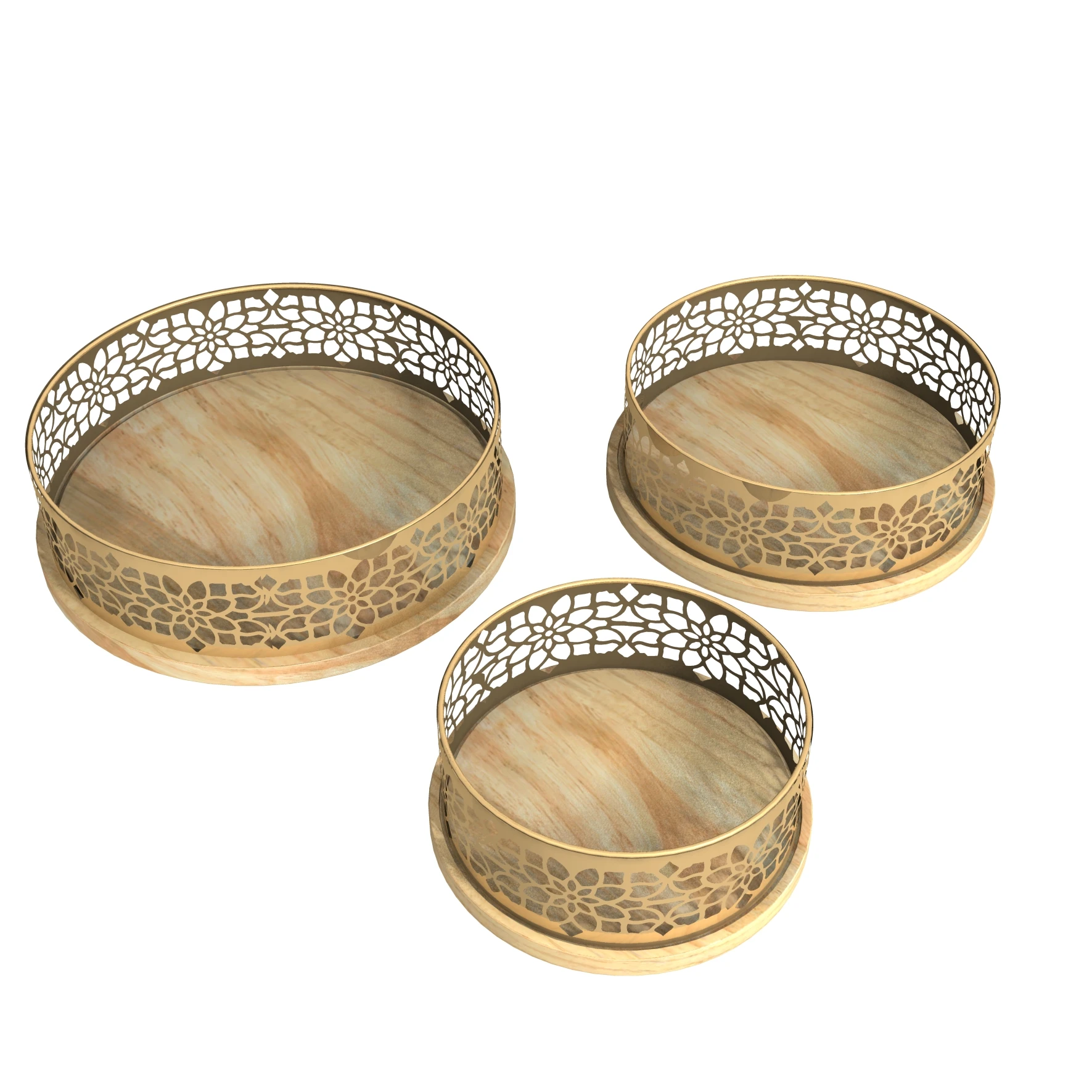 Ramadan Gold Round Wooden Storage Tray for Living Room Kitchen Set of