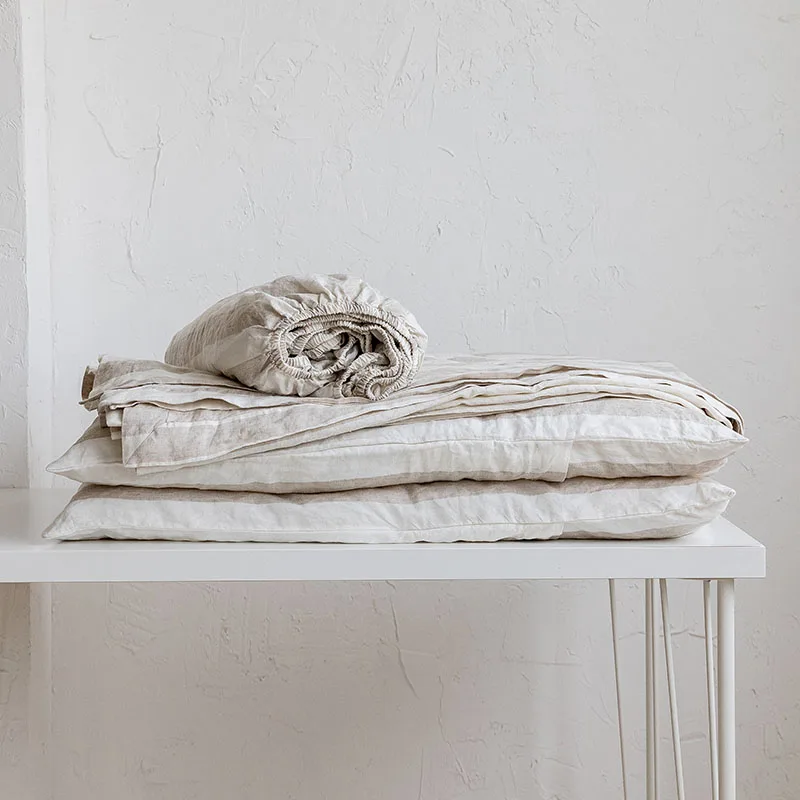 stripe hotel bedding set stone washed king size  belgium pure  french 100% linen flux sheet sets