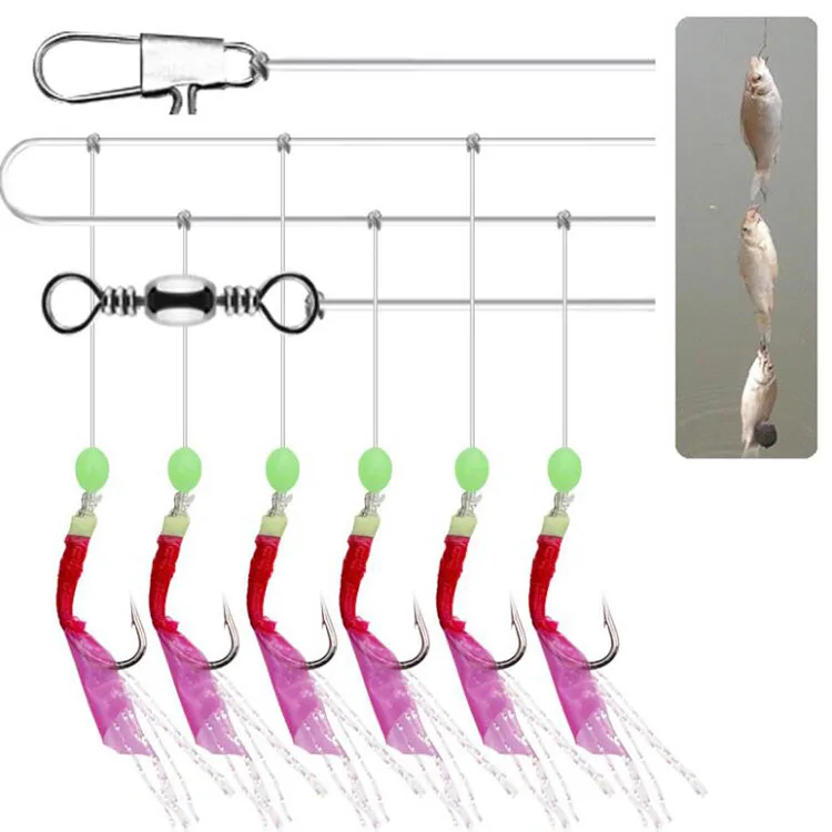 6 Hooks Sabiki Rig for Sea Fishing with Luminous Sabiki Hook Real Fish Skin Colorful Feather for Bass Shark Trout Target Species