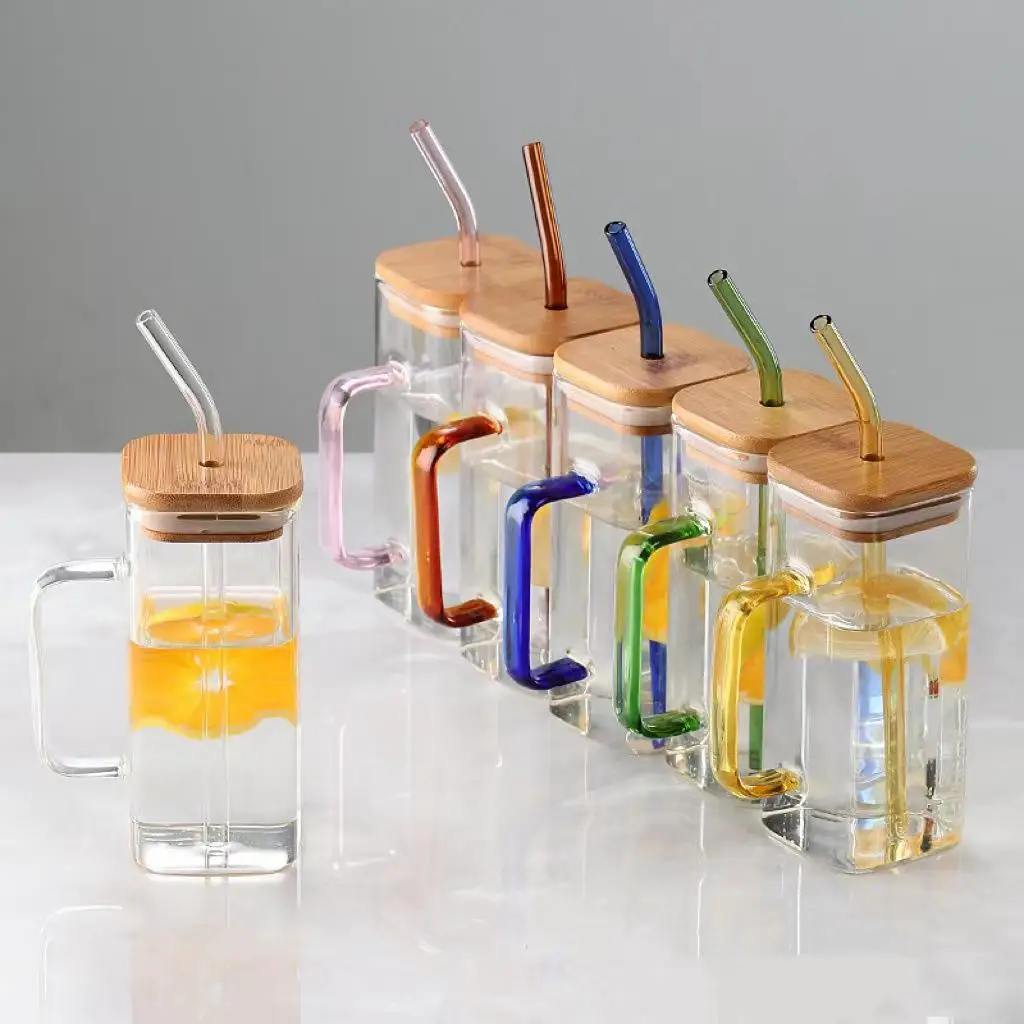 2024 New Square Custom 400ml Clear Beer Boba Drinking Mug Reusable Heat Resistant Glass Tumbler Cups With Colored Handle