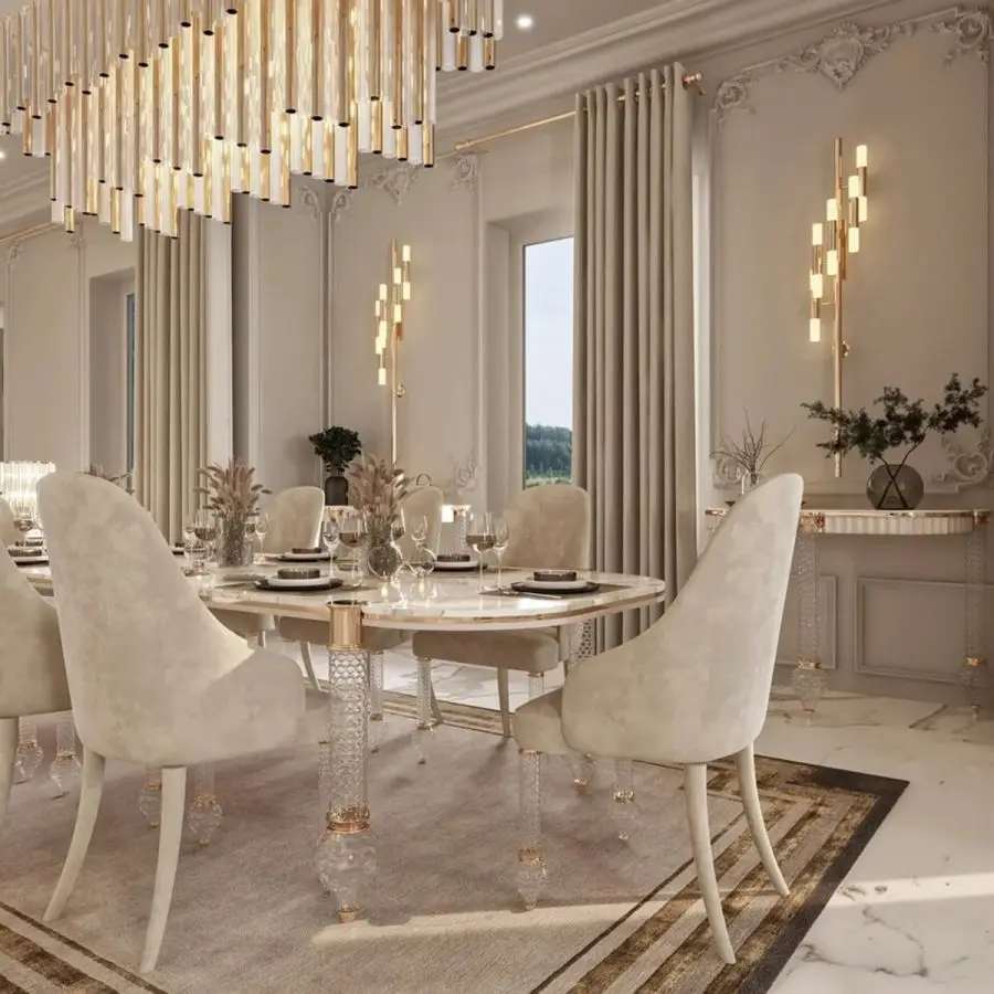 Rustic White Wood Grain Top and Crystal Legs Dining Table Delicate and Beautiful Place for Dining Room and Garden