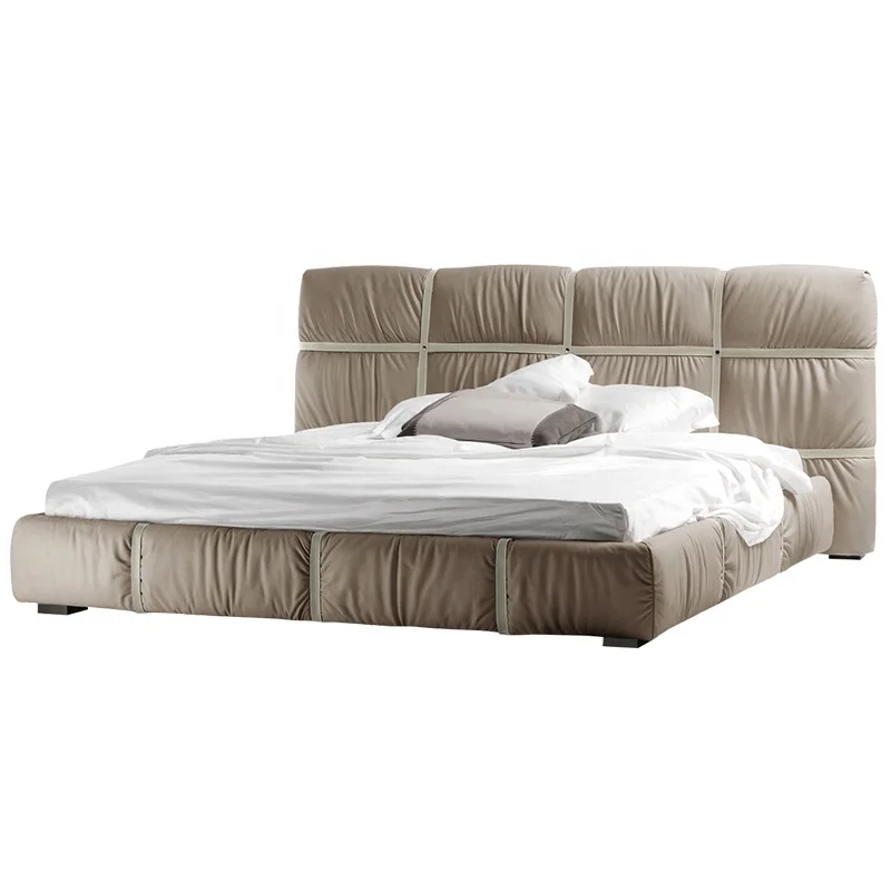 Italy high end luxury king size full grain cow leather leather soft bed with big high headboard