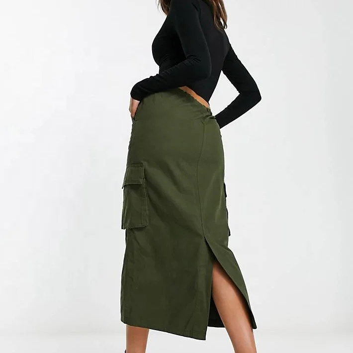 Custom Casual Green Women Midi Long Cargo Skirt With Pockets