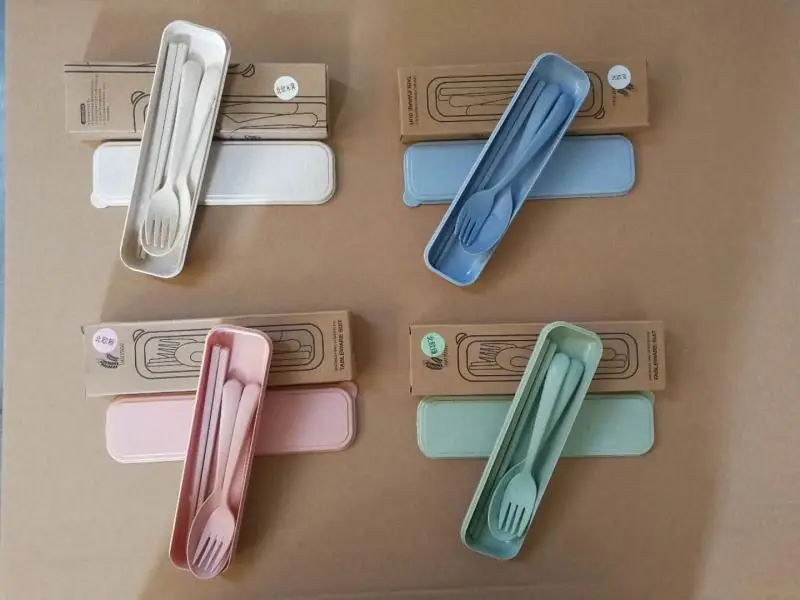 Eco Friendly Reusable Wheat Straw Camping Travel Fork Knife Spoon Flatware Cutlery Set with Box
