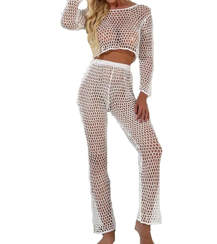 Bestdance Women 2Pcs Set Fishnet Palazzo Party Trousers See Through Flares Mesh Crop Top