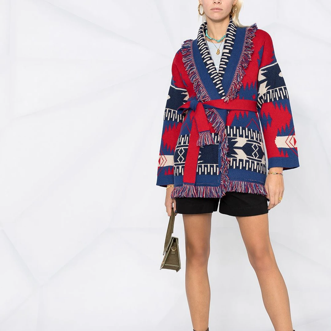 Winter New Wholesale Design Long Sleeves Tassel Collar Vintage Jacquard Wool Cardigan