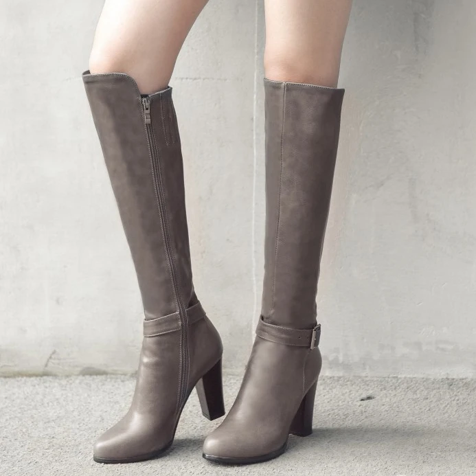 Solid Ankle Buckle Pointed Toe Side Zip Women Knee High Boots Chunky Heel PU Upper High Booties Large Size 43 Boots