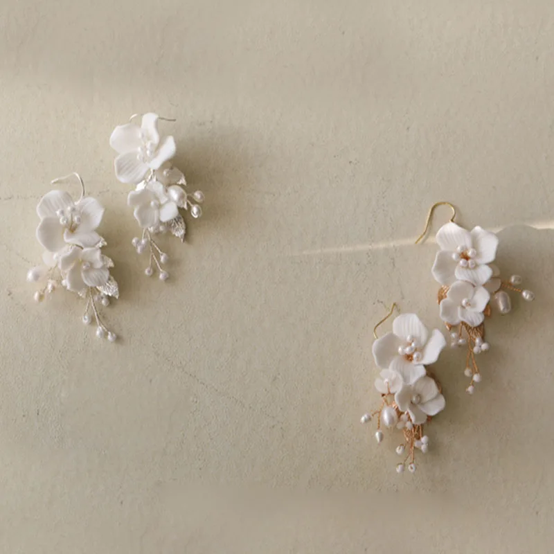 SLBRIDAL Ins Style Sparkling Zircon Crystal Rhinestones Porcelain Flower Freshwater Pearls Bridal Wedding Earring Women Earrings