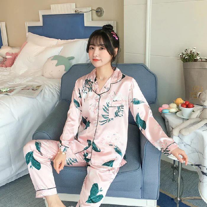 
Pajamas women spring and autumn long-sleeved ice silk two-piece suit thin home service 
