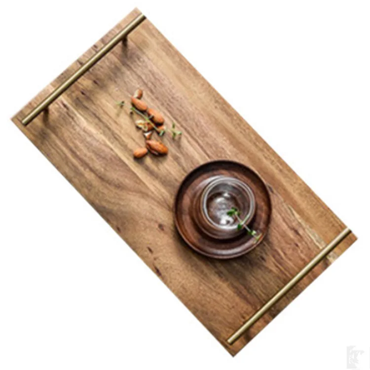 Factory Suppliers Nordic wooden tray creative rectangular acacia Wooden Serving Tray with metal handles