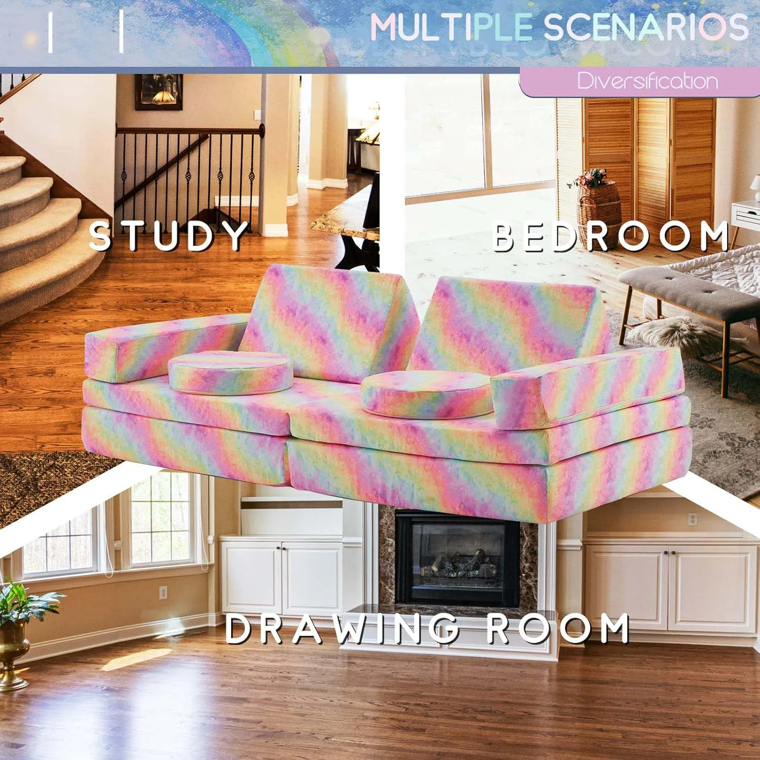 Kids Couch Extended Size 10PCS Futons Modular Foam Play Couch for Kids and Adults Rainbow Sectional Sofa