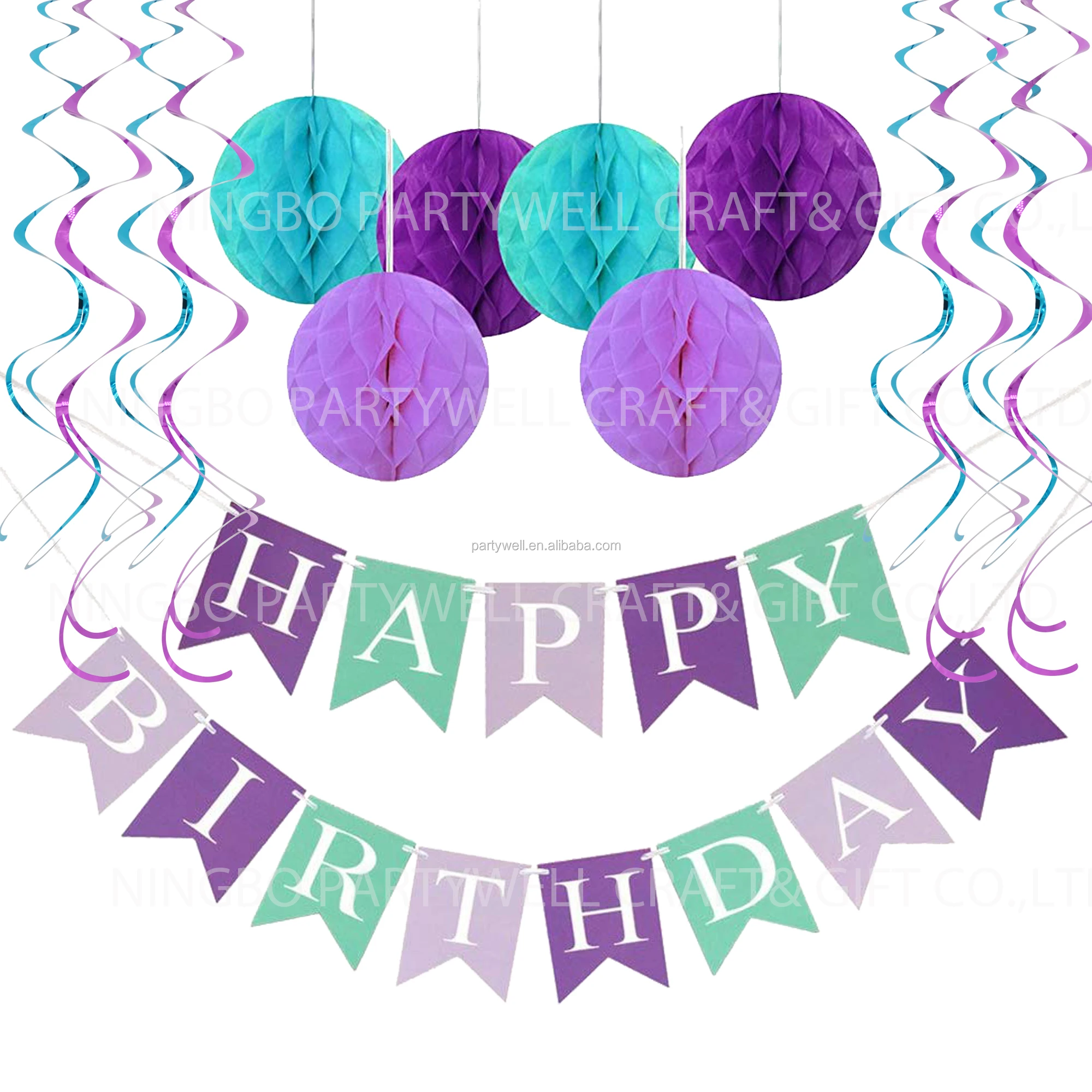
Wholesale Mermaid Happy Birthday Banner Hang Honeycomb Ball Swirls Streamers for Birthday Baby Shower Party Decorations 