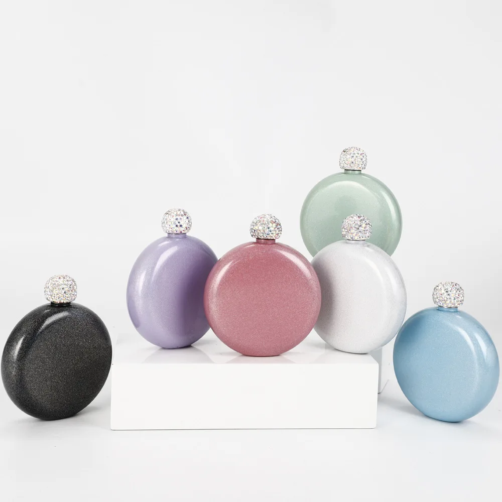 liquor Rum Vodka 304 stainless steel white Plain alcohol Shinny painting plain coated 5 oz diamond lid whisky  round hip flask