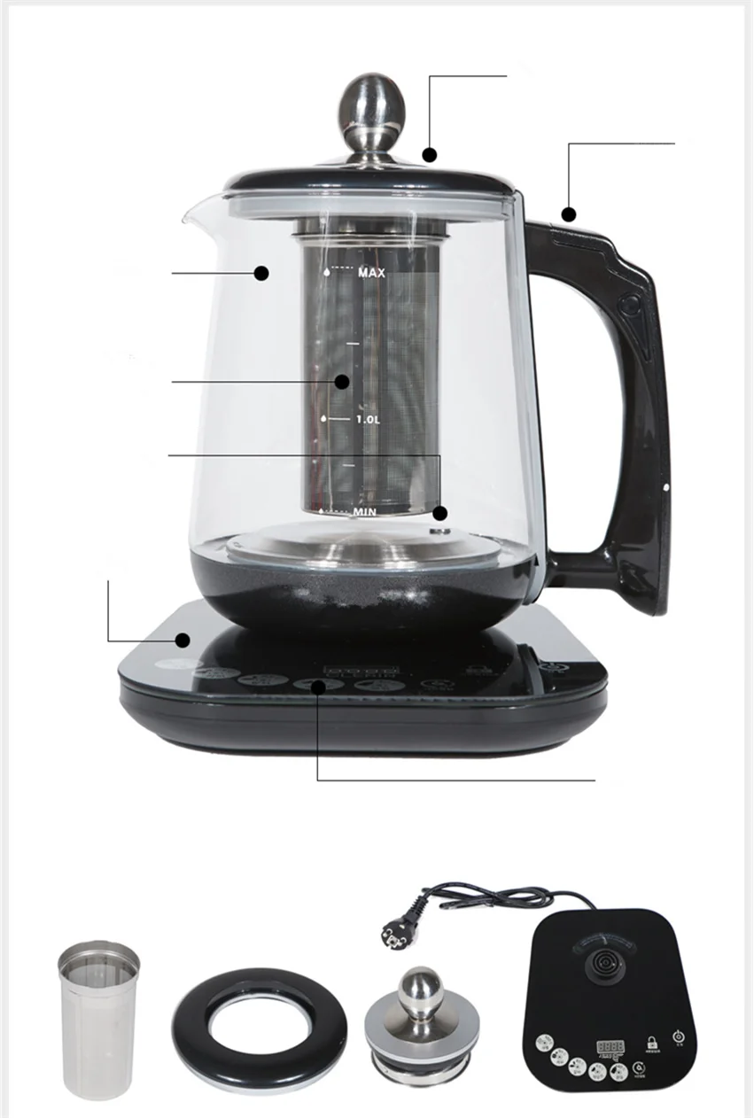 New design blue Led light auto shut-off glass electric kettle ss power base electrical glass kettle