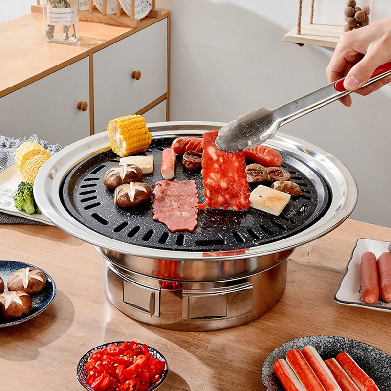 Customized Camping Outdoor Round Korean Barbecue Grill Desktop Stainless steel Roasting Pan Portable  Charcoal BBQ Grill