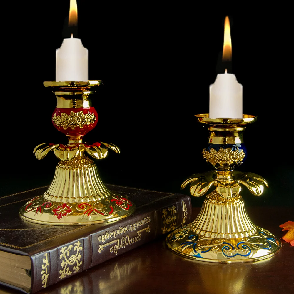 Orthodox Church Candle Holder Gold Plated Single Candlestick with Colored Enamel Religion Church Home Table Easter Decor