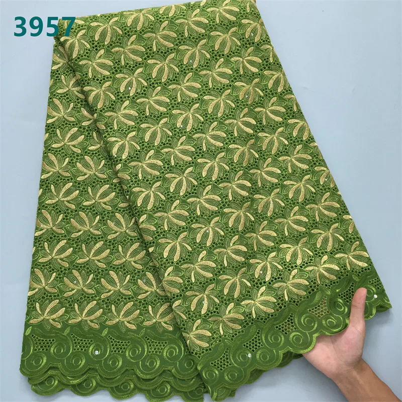 White and Gold African Embroidery Lace Fabric with Rhinestones Wholesale Swiss Voile Cotton Lace for Women Wedding Dresses 3957