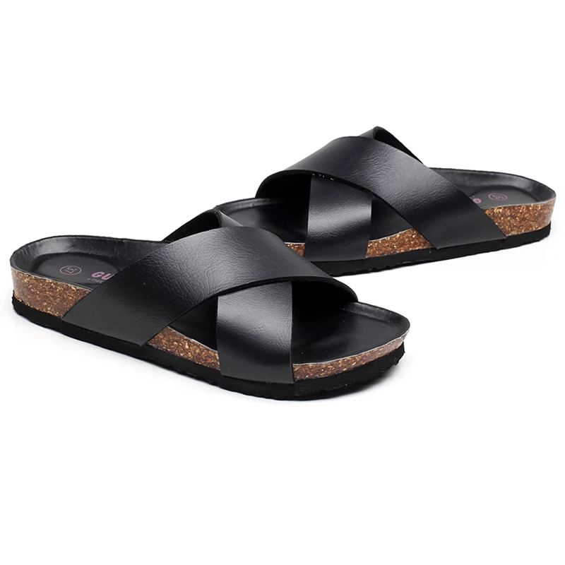 
Fashion PU Leather Slippers Men Beach Flip Flops Breathable Summer Shoes Causal Cork Sandals Male Slippers 