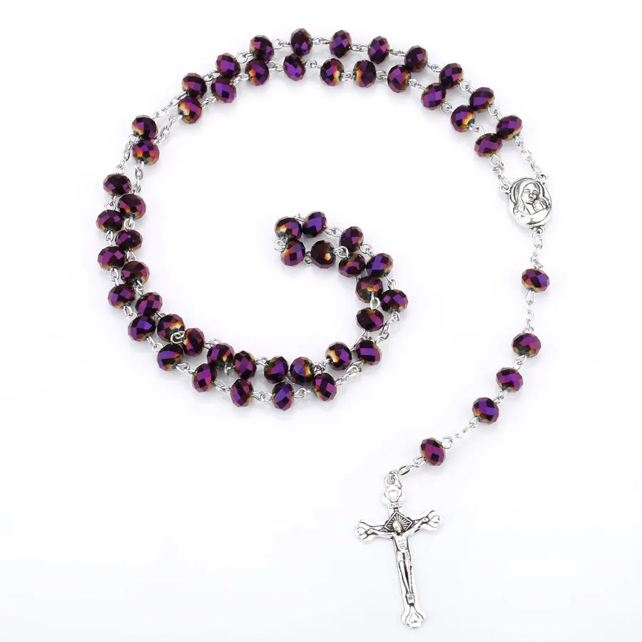 2022 Suyan Hot selling  Rosary  8*6mm Glass Crystal Beads Jesus Cross Pendant Christ Maria stock Rosary necklace