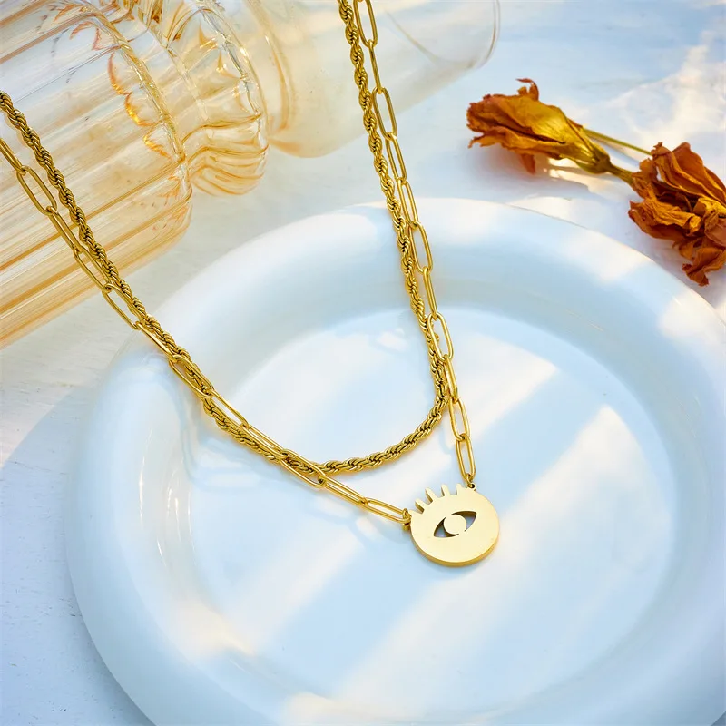 Stainless Steel Gold Blue Eyes Pendant Layered Necklace Handmade Protection Jewelry Amulet Adjustable Layering Chain  AM1011083