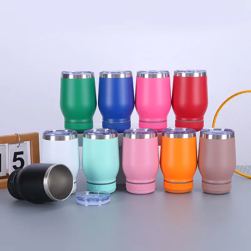 Custom 12oz egg shaped stainless steel insulated wine tumbler double wall vacuum thermal tumbler cups with bluetooth speaker