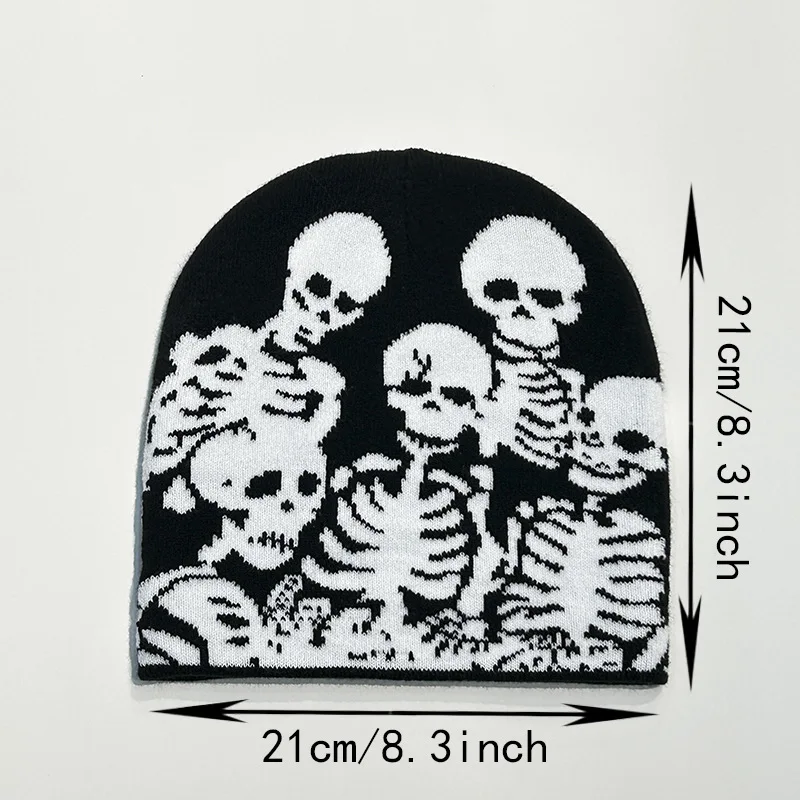 Low MOQ Custom Beanie Manufacturers All Over Print Jacquard Y2K Gothic No Cuff Fold Cuffless Winter Skull Cap Knit Hat with Logo
