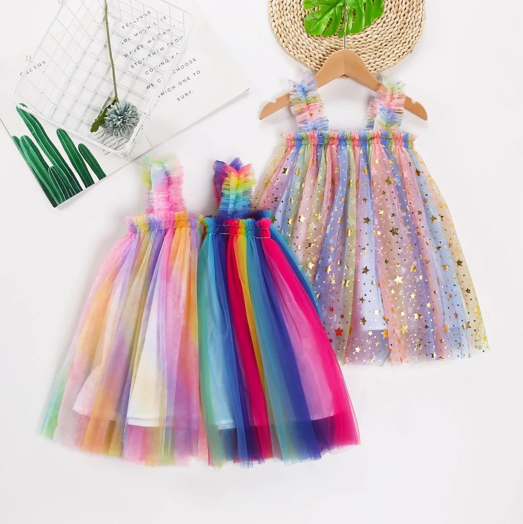 Ins summer lolita new sling gauze skirt dress children party princess 1 year rainbow white cami slip net baby girls tutu dresses