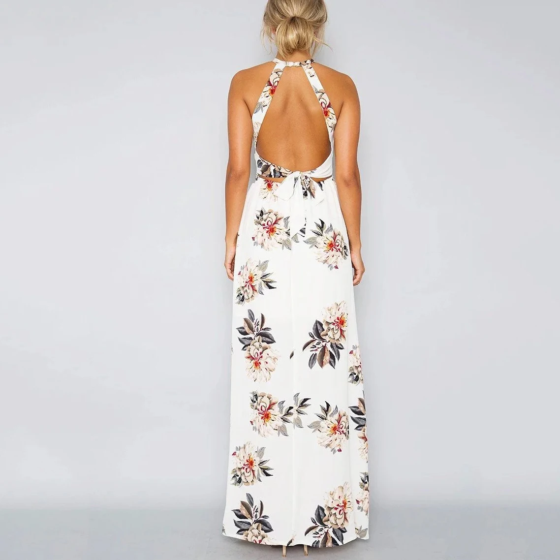 Ladies Open Back Long Skirt Silk Chiffon Casual Evening Dress O-neck Print Plus Size Dress