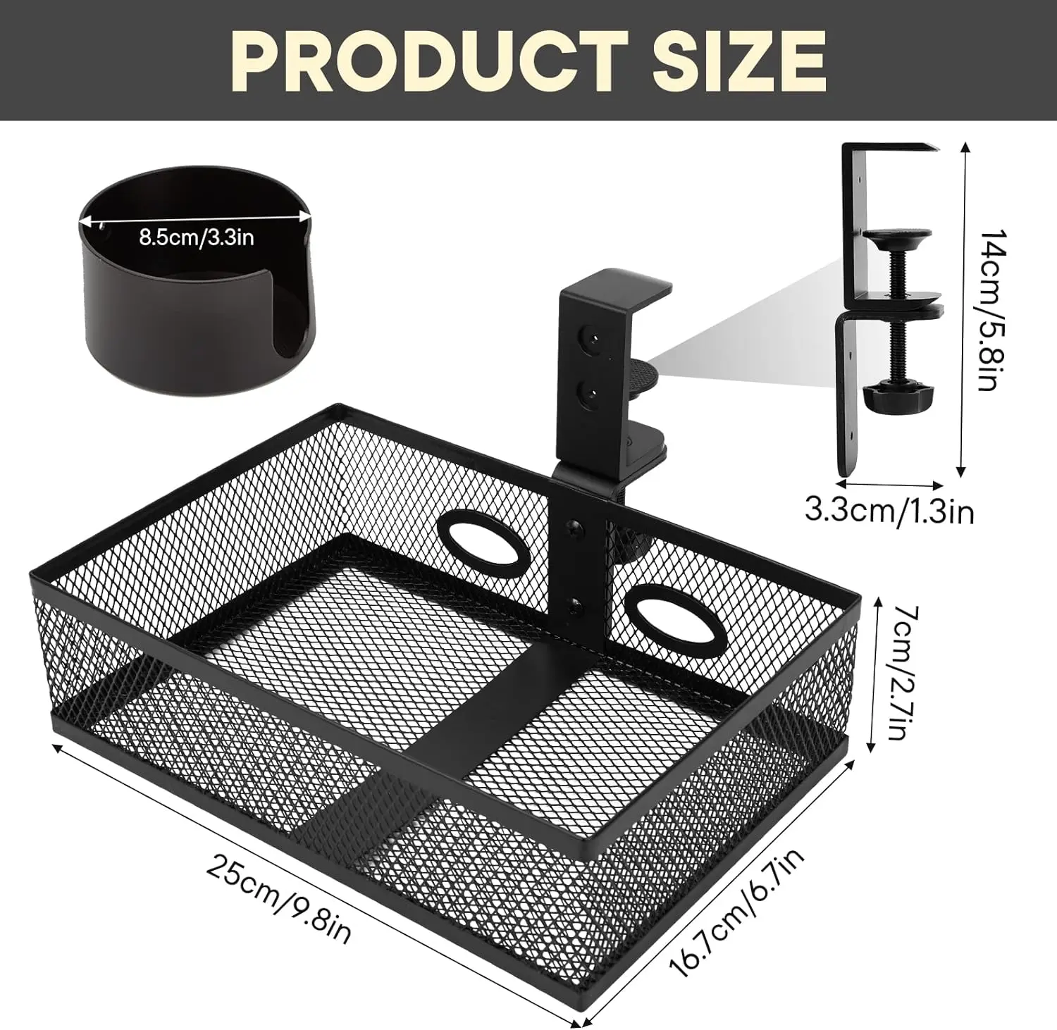 Office Metal Mesh C-Clamp Desk Organizer 360 Rotatable Under Desk Storage Drawers with Cup Holder Organizers and Storage