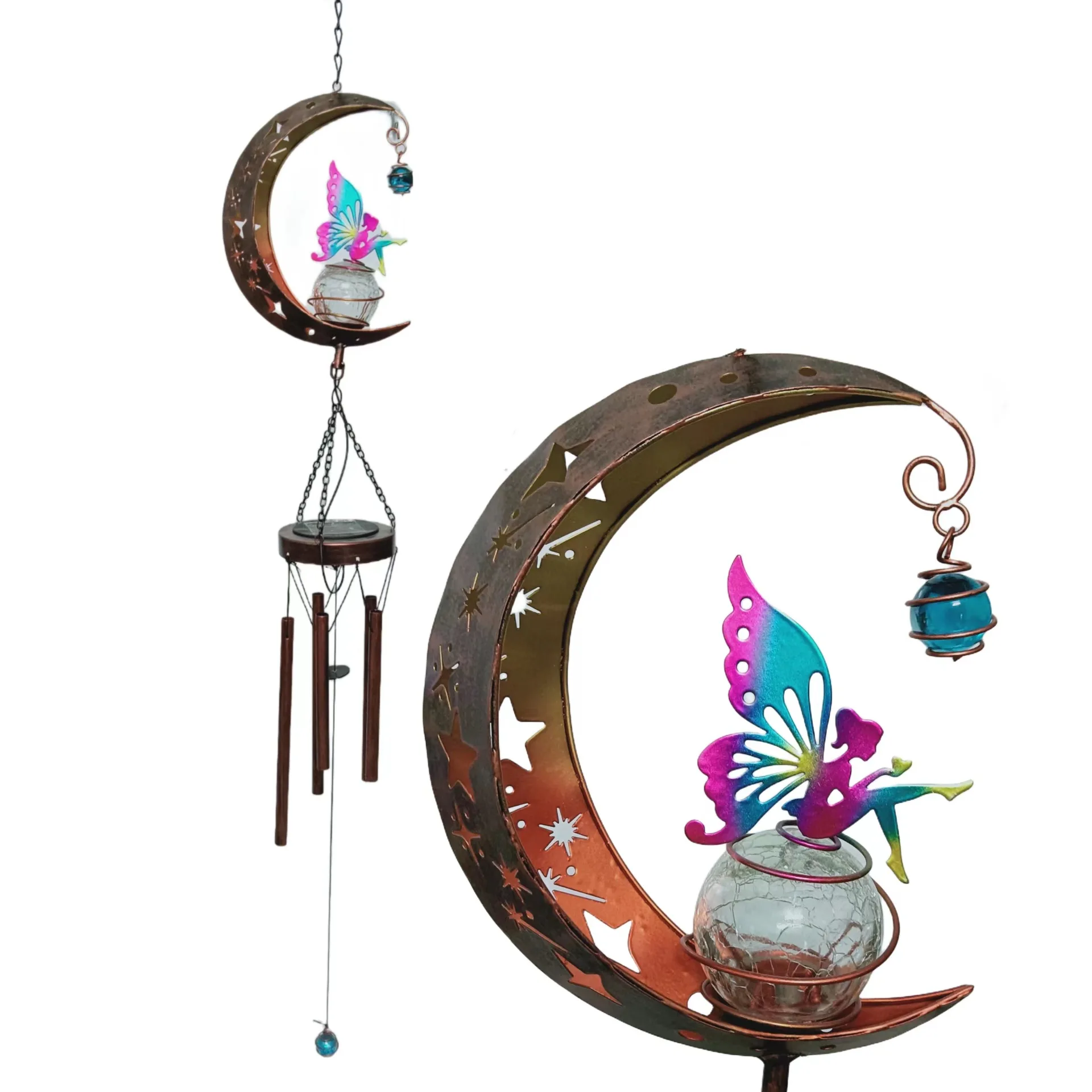 Solar Panel Garden Lights Wind Chimes Outdoor Waterproof Hanging Aeolian Bells Solar Lamp With Moon Star Sun